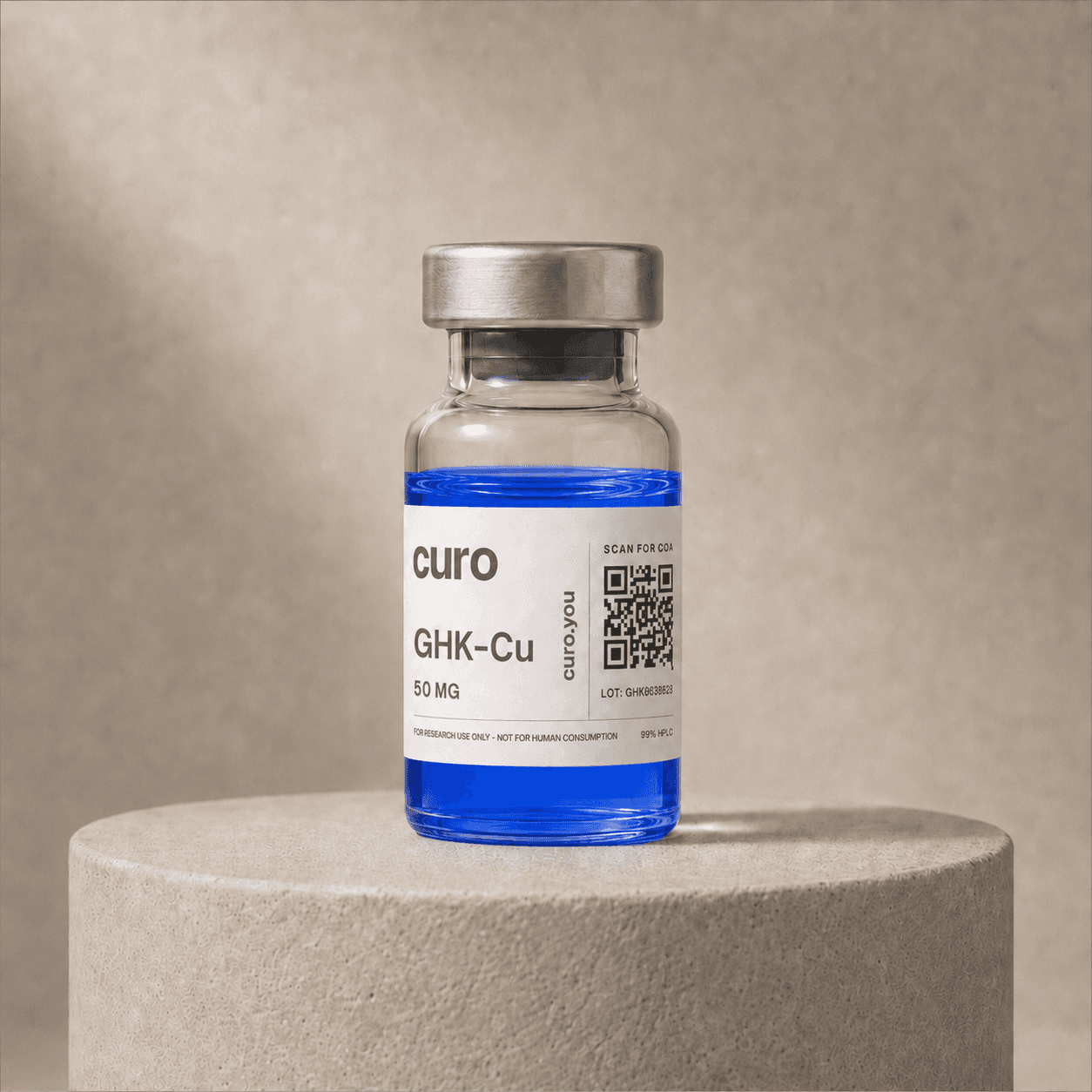 Curo GHK-Cu research vial with a scannable certificate-of-analysis QR code